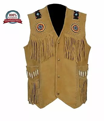 Men Western Cowboy Cowhide Suede Leather Fringe Vest Bone Beaded NL11 • $73.96