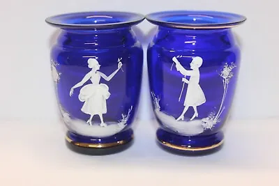 Beautiful Vintage Mary Gregory Style Cobalt Blue Glass Vases Victorian Pair • $58