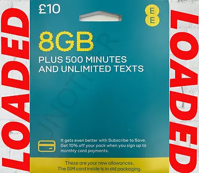 EE Sim Card LOADED £10 Pack 8GB Data Unlimited SMS Mini Micro Nano NEW DEAL • £8.99