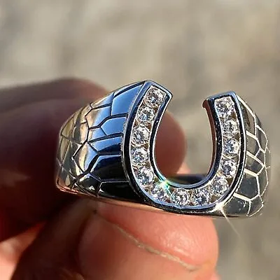 Mens Lucky Horseshoe Hip Hop Ring Real 925 Sterling Silver Iced Flooded Out CZ • $34.95