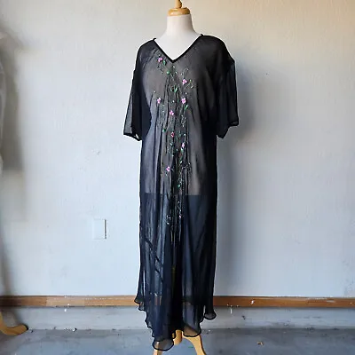 American Angel Vintage 90s Black Sheer Chiffon Bias Cut Embroidered Dress XL/2X • $29.99