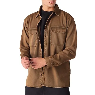 UK Mens Denim Shirt Cargo Brown Western Casual Stretch Long Sleeve Button Tops • £22.99