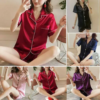 £2.69 • Buy Women Satin Silk Pyjamas Nightwear PJs Set Ladies Short Sleeve Button Sleepwear