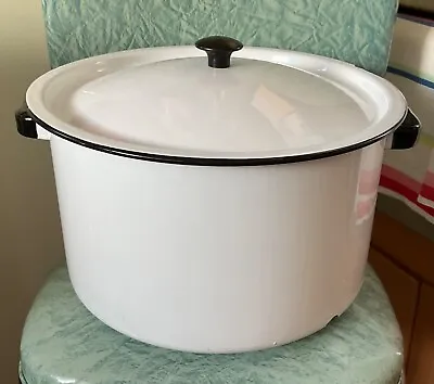 Vintage Enamelware White W/black Trim Stock Pot 11.25  Diam 8.24 High Good Cond • $21