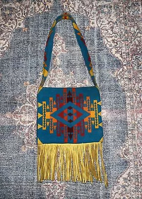 Vintage Navajo Wool Blanket Leather Fringe Shoulder Bag • $49.99