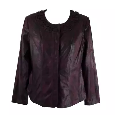 Chico's Size 0 Small Faux Snakeskin Jacket Purple Snap Button Rosette Trim Lined • $15.99