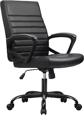 Mid Back Ribbed Desk Chair PU Leather Executive Office Chair Swivel Computer Cha • $95.99