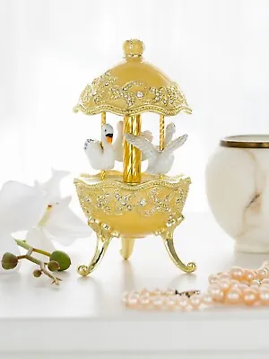 Keren Kopal Yellow Carousel Egg & Royal Swans Decorated With Austrian Crystals • $153