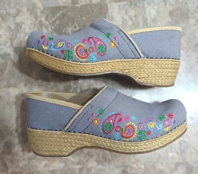 Dansko Women’s Vegan Clogs Jute Denim Blue Floral Embroidered 38 US 7.5-8 • $40