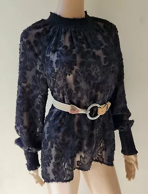 DECJUBA Sz S 10 - 12 Black Sheer Long Sleeve Blouse Top FLORAL SHIRRED #A5 • $25