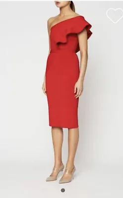 $200 • Buy Scanlan Theodore Red Crepe Knit Ruffle Dress Size X Small (6)