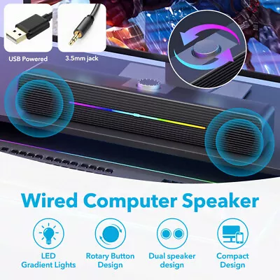 LED Wired Computer Speakers Stereo Bass Subwoofer Speakers For Phone Laptop PC • £11.99