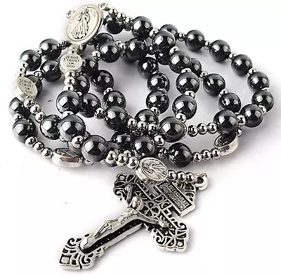 8Mm Hematite Black Beads Necklace Medal Cross Divine Mercy Rosary Steel Wire • $28.60