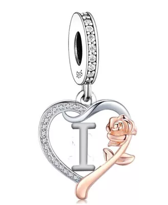 Letter I Name Initial Heart & Rose Dangle Charm 💜 Genuine 925 Sterling Silver • £17