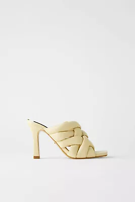 $49.80 • Buy Zara Quilted Braided Leather Heeled Mules Vanilla Yellow US 11 EU 42 UK 9