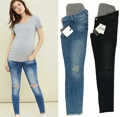 Maternity Skinny Jeans BLOOMING MARVELLOUS Ankle Crop Blue Ripped Knee Over Bump • £13.95