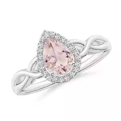 ANGARA Pear-Shaped Morganite Halo Criss Cross Ring For Women In 14K Solid Gold • $845.10
