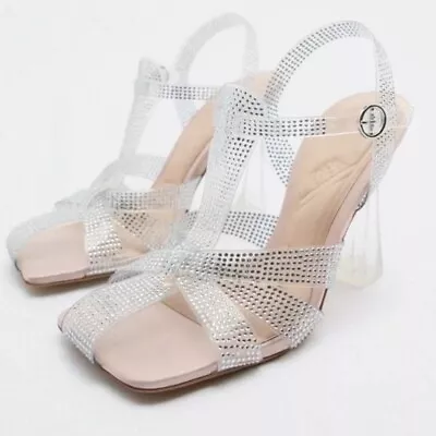 New Zara Heeled Vinyl Cage Sandals With Rhinestones Detail.size 37 • $65