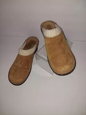 UGG 1934 Gael Slip On Mules Brown Suede Sheepskin Lined Wedge Clogs US 9 EU 40 • $24