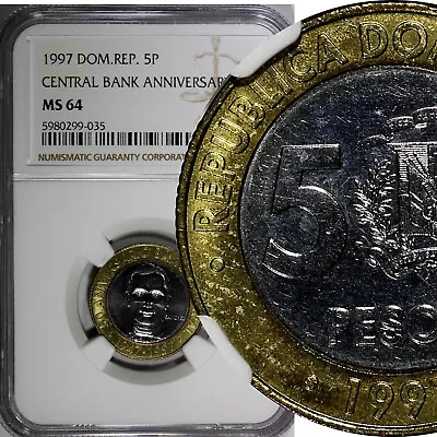 Dominican Republic 1997 5 Pesos Central Bank NGC MS64  KM# 88 (035) • $50