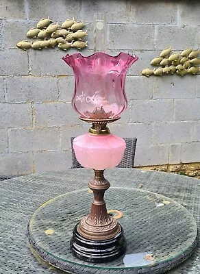 Original Victorian Pink Glass Oil Lamp Shade And Molded Font Duplex Brass Base • £395