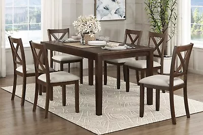 Dark Cherry Finish 7pc Dining Set Table And 6 Side Chairs Beige Wooden Furniture • $999