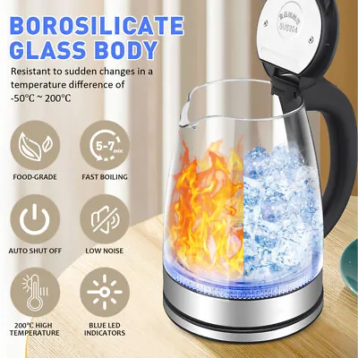 $29.89 • Buy Electric Glass Kettle LED Light Kitchen Water Jug Stainless Steel 360° Rotation