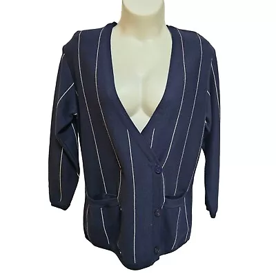 Vintage 80's Double Breasted Cardigan Sweater By Wainscott Sz M Navy Blue Pin Wh • $30