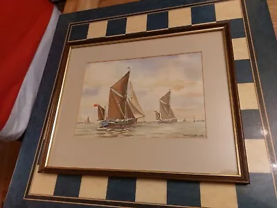 Framed Mounted Watercolour 1989 Sailing Barges In The Estuary By Peter Vincent * • £95