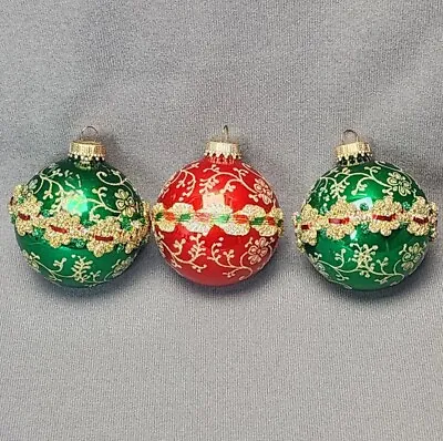 Vintage Krebs Red & Green Mercury Glass Ribbon Wrapped Christmas Ornaments (x3) • $15