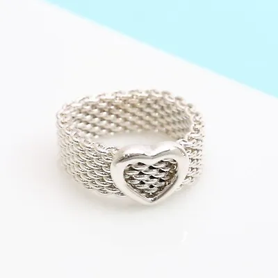 £141.62 • Buy Tiffany & Co. Silver Heart Mesh Somerset Ring Band Size 4 Silver W/Box & Pouch