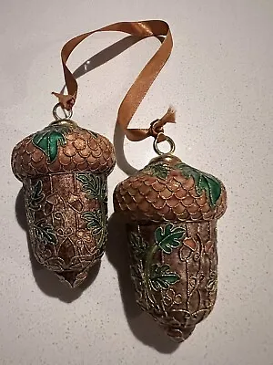 Two Enamel Cloisonné 4” Acorn Ornaments Gold & Green Tones • $38