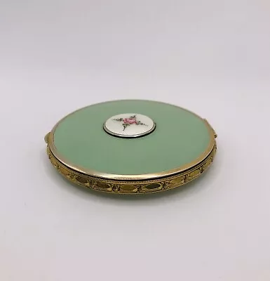 Vintage Antique Makeup Compact Teal Green W Rose Powder Puff Mirror • $38