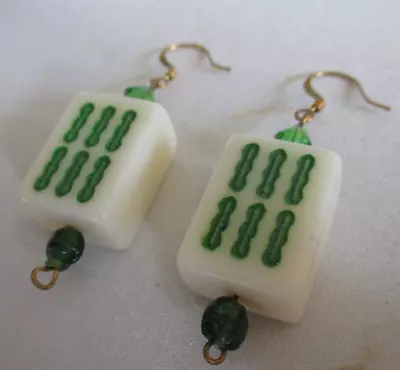 Vintage  Mahjong Green Tile Dangle Earrings E27 • $18