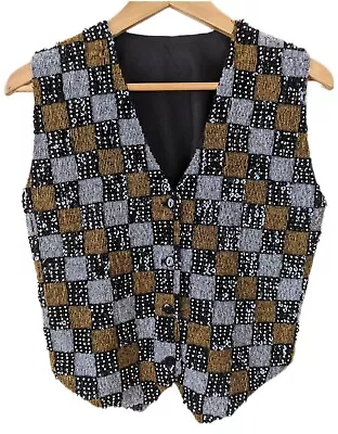 90s Vintage Beaded Waistcoat Sequinned 10 Party Evening Magician Checked • $17.41