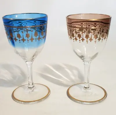 Pair Antique Hand Blown Bohemian Moser Cordials Goblets Amber & Blue Raised Gold • $98