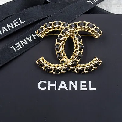 $200 • Buy Chanel Authentic Lamb Leather Black And Gold Cc Signed Brooch