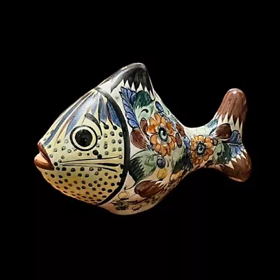 Large Tonala Mexico Folk Art Pottery Fish Hand Painted Floral Figurine 12.5” • $31