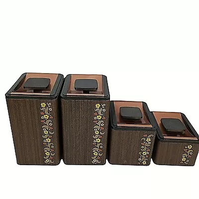 Vintage Kromex Canister Set Flower Design Wood Look Copper Lid Mid Century • $49.99