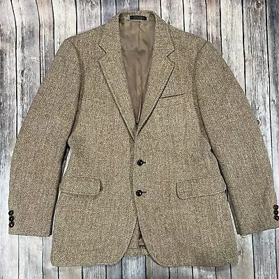 VINTAGE Harris Tweed Wool Herringbone Sport Coat Blazer Mens 42 Brown USA Made • $49.95