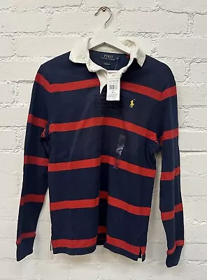 Polo Ralph Lauren Rugby Shirt PP Long Sleeve Custom Fit Navy Red Stripe XS • £1.20