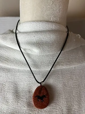 Mustang Stone Glitter Brown Pendant Leather Chain Silver Tone Clasp Necklace 10  • $12.95