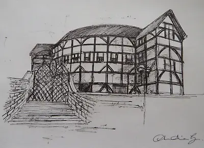 Original Black Pen & Ink Line Drawing Sketch Shakespeare's Globe Theatre London • £29.99