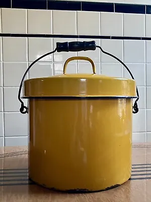 Rare Yellow Enamelware Pail Enamel Bucket With Lid And Wooden Handle 1930’s • $120