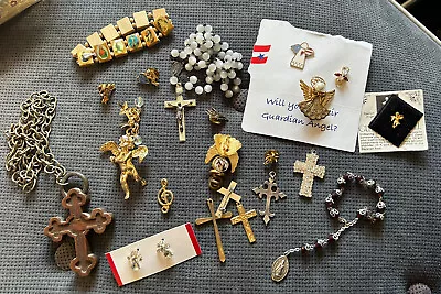 LOT Vintage Jewelry Religious Pins Crosses Angels Pendants Charms Earrings • $18.95