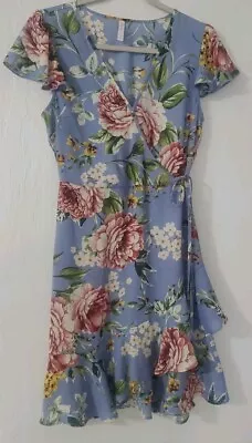 Women's Floral Print Short Sleeve Ruffle Wrap Dress Xhilaration Blue Size S • £19.27