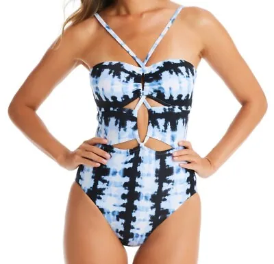 Bar III Tie Dyed One Piece Swimsuit Small Blue Black Retro Vibe Back Tie NWOT • $10.50