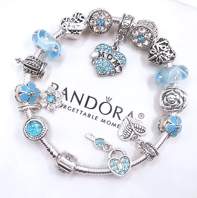 Pandora Silver Bracelet Mom Love Family Heart & Blue European Charms! • $99