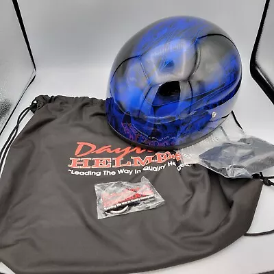 Daytona Half Skull Cap Motorcycle Helmet DOT Approved Blue Flames SZ M • $34.99