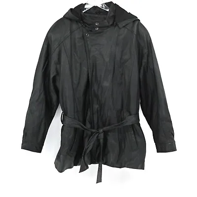 VTG 80s WILSONS Mens L Leather Coat Black Removable Hood Belted Faux Fur Lined • $45.02